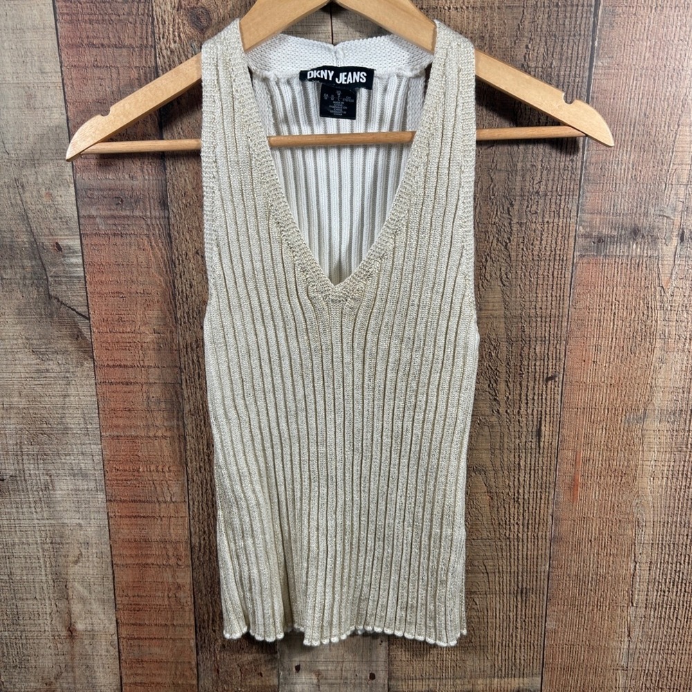 DKNY Jeans Gold Metallic Ribbed Knit Tank Top Sleeveless Fitted Medium Glam Chic